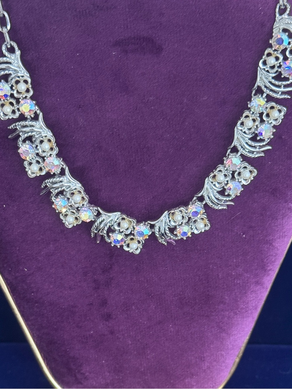 Coro Silver-Tone Floral Necklace with Aurora Iridescent Crystals - Picture 3 of 6
